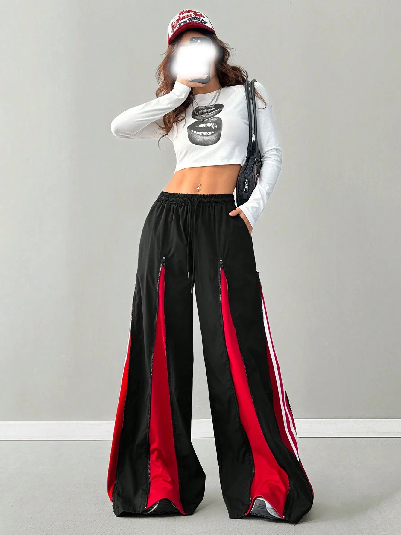High-Waisted Black And Red Wide Leg Pants with Double Zippers And Split Stripes Unique Minimalist Neutral Trousers