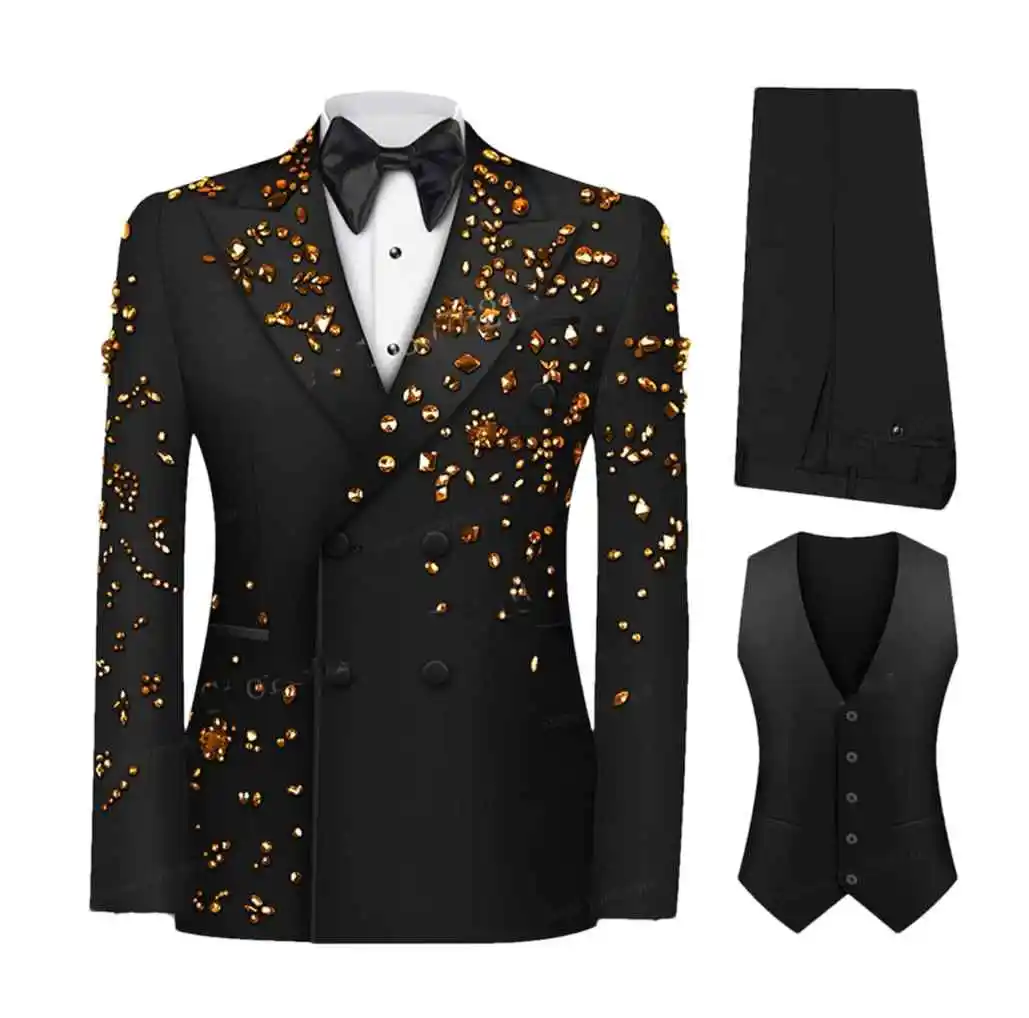 بدلات رجالية فاخرة بكريستال مزدوجة الصدر سترة ذات طية صدر السترة 3 قطع بدلات رسمية مخصصة لحفلات الزفاف والعريس
