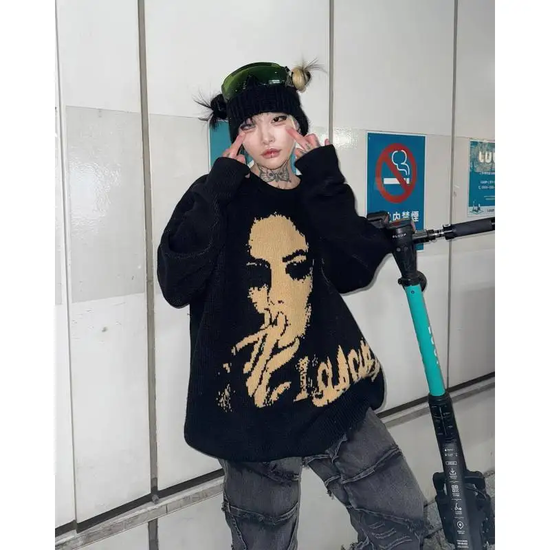 European and American y2k figure jacquard autumn and winter warm pullover sweater casual round neck couple's shirt