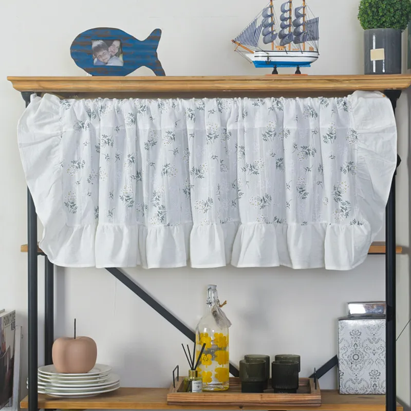 Window Valance Small Floral Jacquard White Linen Kitchen Short Curtain with Ruffle Farmhouse Postal Style Rod Pocket Rustic