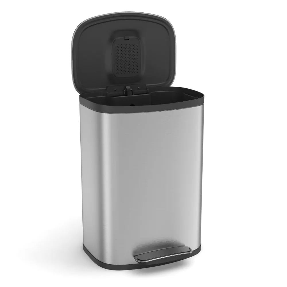

13-галлонный мусорный бак из нержавеющей стали с ножной педалью, крышка с мягким закрыванием, хранение дезодорантов, 30 мешков для мусора - серебро