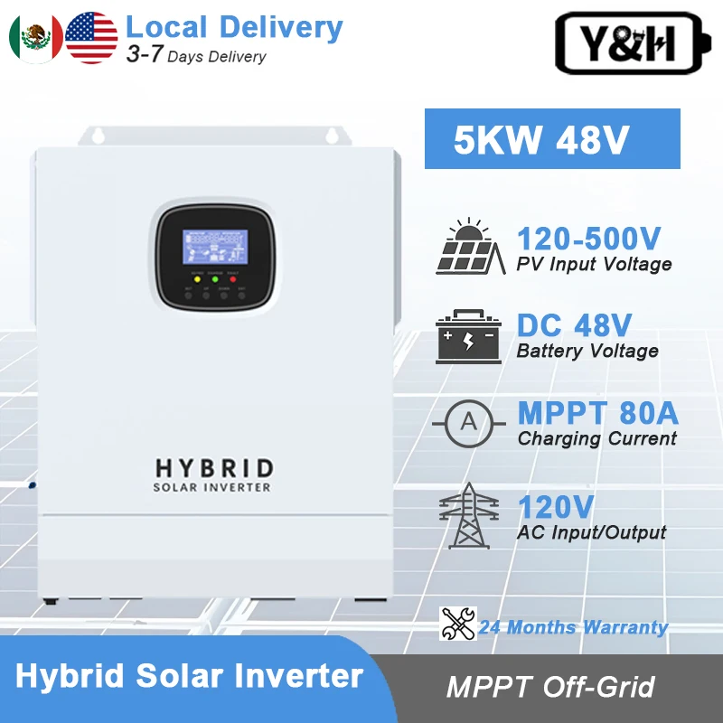

Y&H 5 кВт гибридный солнечный инвертор 120 В 48 В чистая синусоида автономный инвертор 80 А MPPT солнечный контроллер максимальная мощность входа PV 6000 Вт