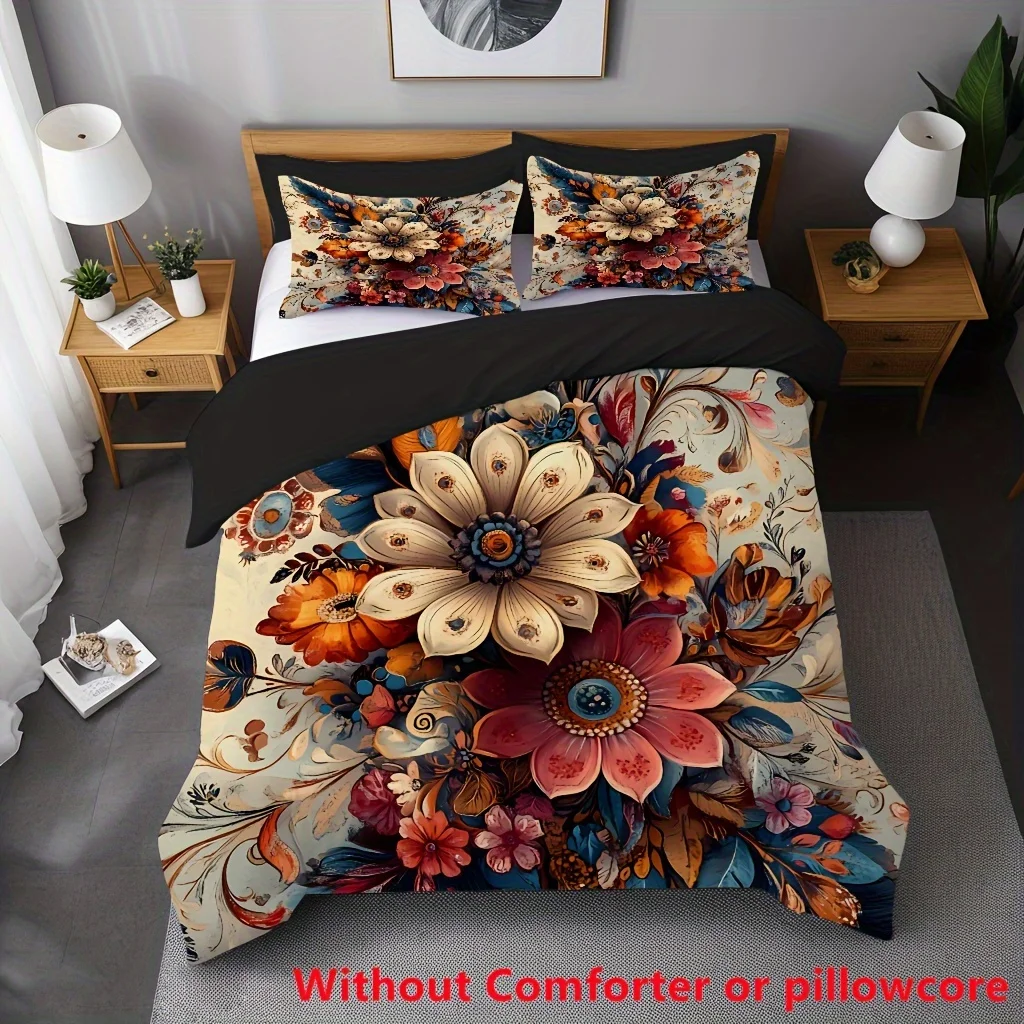 

2/3pcs Bohemian Watercolor Floral Print Duvet Cover Set 1 Duvet Cover + 1/2Pillowcase, Without Core Soft Comfortable Duvet Cover
