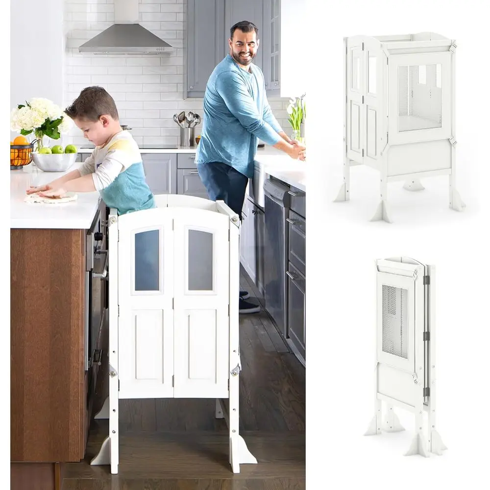 

Linen White Wooden Toddler Tower with Adjustable Step Stool for Kitchen Counter Height