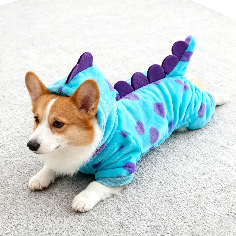Disfraz de dinosaurio monstruo Premium para mascotas, traje de cuatro patas de felpa bonito de invierno con capucha para perros pequeños y gatos, ropa de moda