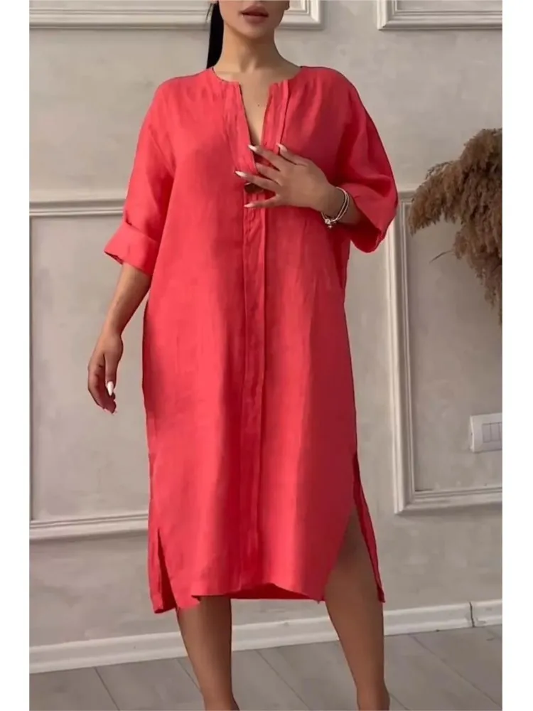 Elegant O-neck Long-sleeved Button Dress For Women Summer Cotton And Linen Solid Color Loose Casual Slit Simple Dress Female