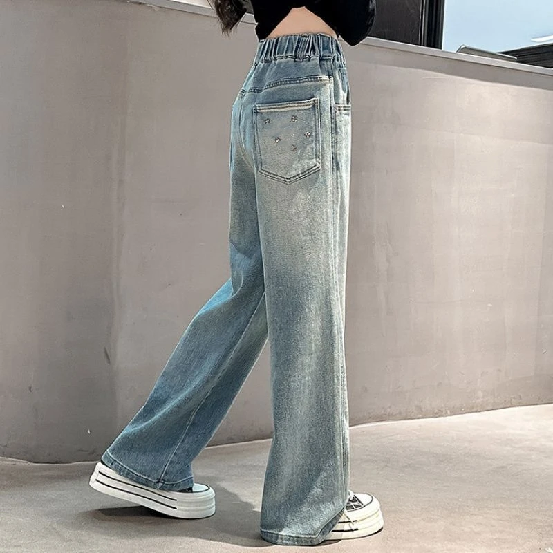 في سن المراهقة الفتيات الجينز الأطفال ربيع الخريف واسعة الساق الدنيم السراويل موضة جديدة للأطفال المطرزة الجيب الخلفي مستقيم بنطلون عادية