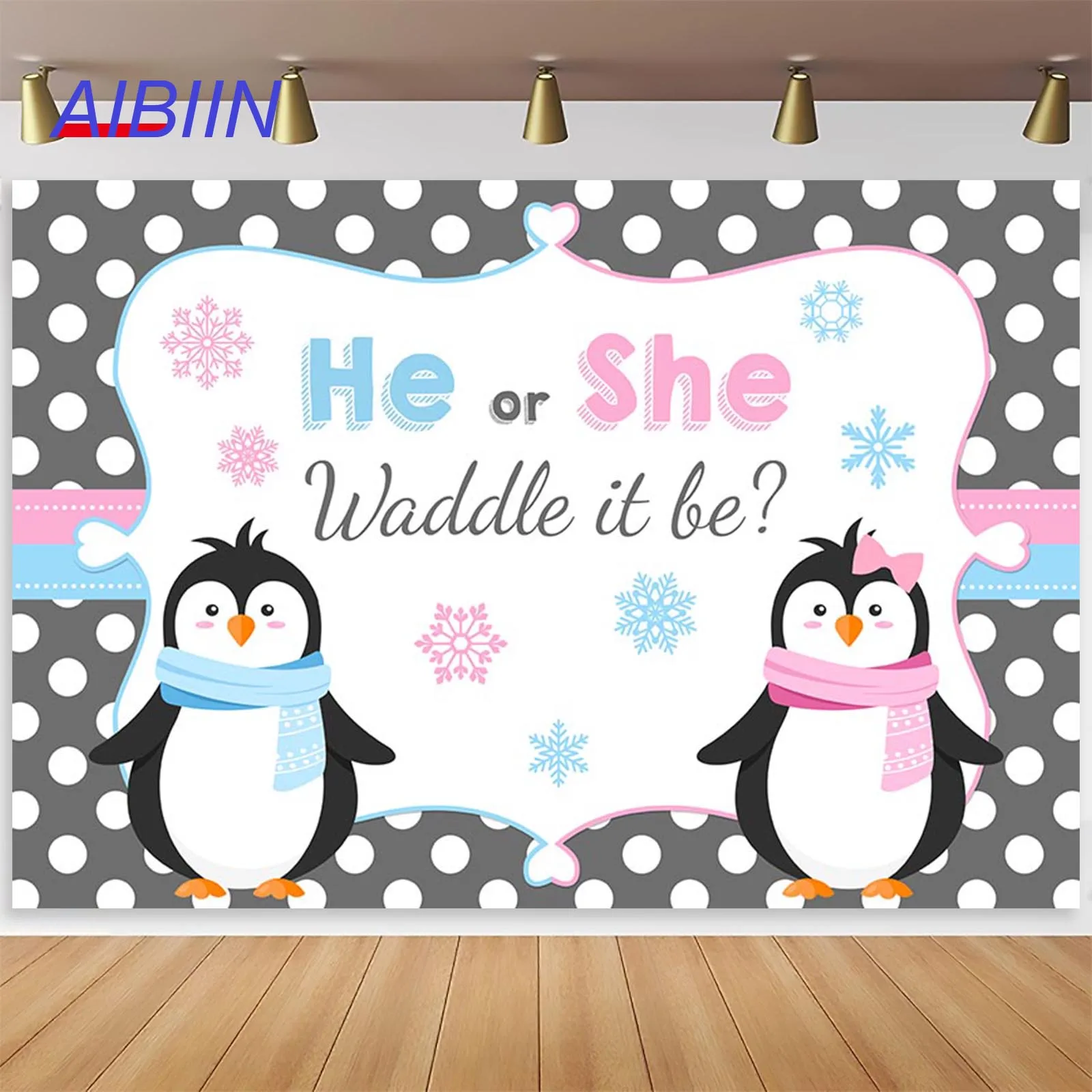 

Winter Penguin Gender Reveal Photography Background He or She Boy or Girl Baby Shower Party Decor Winter Snowflake Backdrop