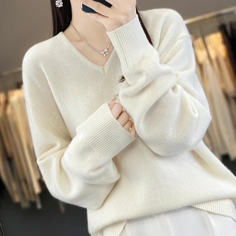 % Wool Sweater Women Pullover Autumn Winter New Knitted Long Sleeve Simple Striped Jacquard