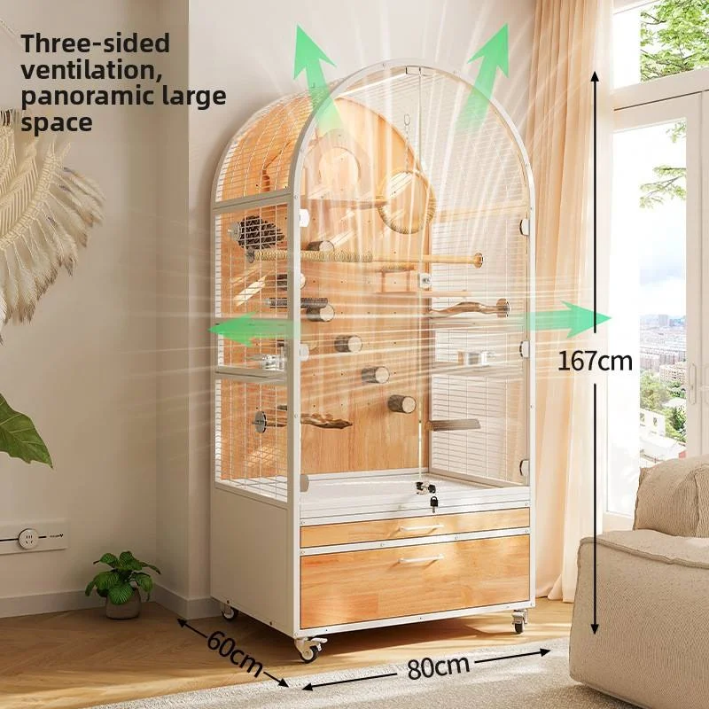Large Capacity Parrot Villa Cage Solid Wood Frame With Full View Visual Effect And Multi Side Air Circulation