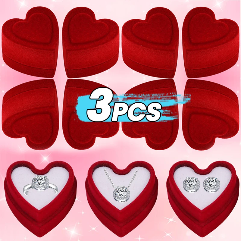 

Romantic Red Heart Shape Ring Box Mini Flocked Jewelry Box Premium Ring Storage Case Couples Valentine's Day Gift Display Cases