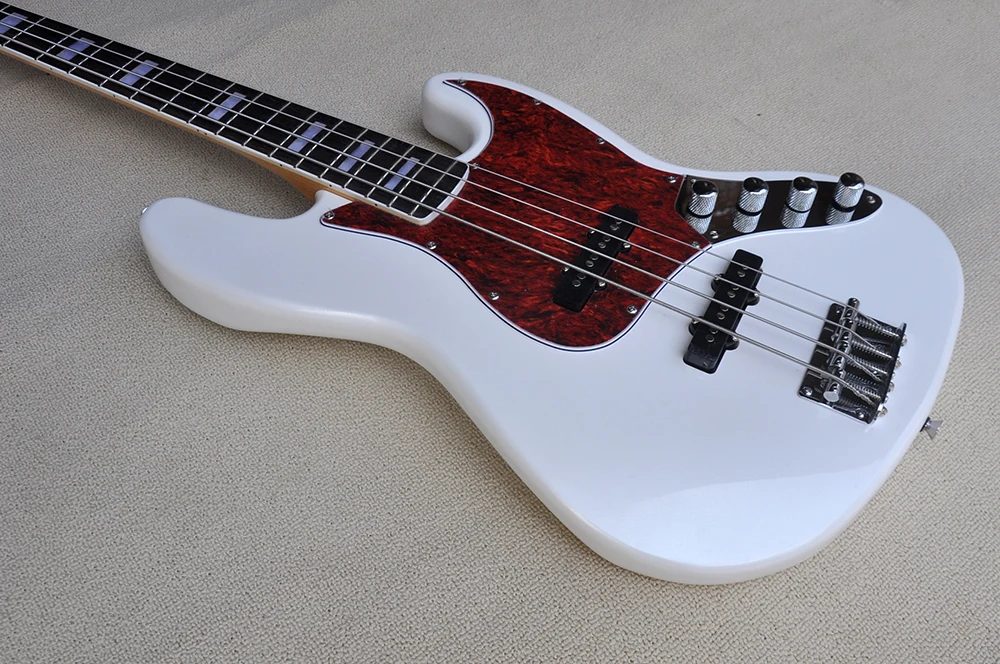 White 4 Strings Electric Bass Guitar with Rosewood Fretboard, Red Pickguard,Customizable