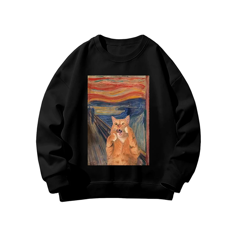Hoodies Frauen Katze Ölgemälde Gedruckt Lustige Grafik Pullover Sweatshirts Langarm Casual Schwarz Tops Harajuku Kleidung 2025