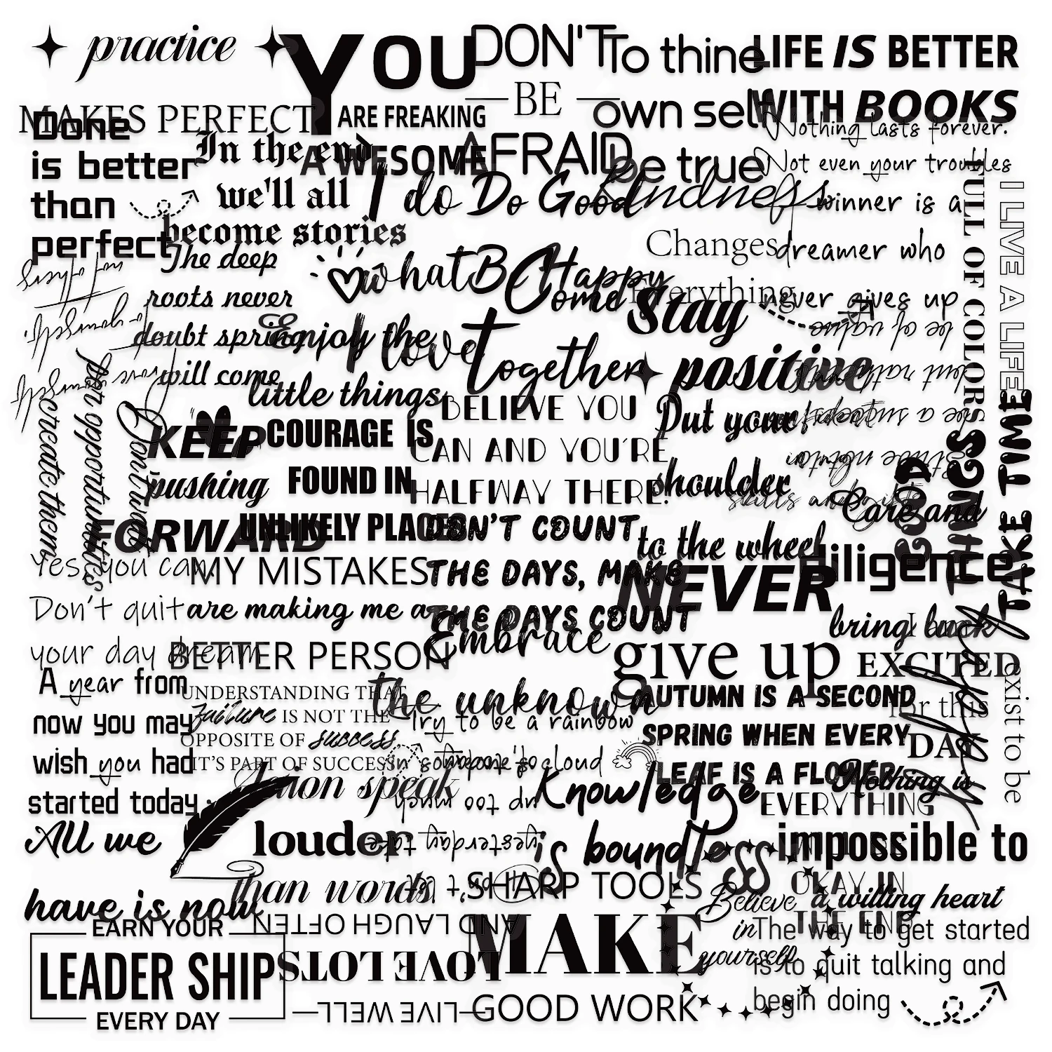 

50pcs Transparent Inspirational Black and White Phrases PET Stickers for DIY Decoration Phone Cases Computers Diary Gift Decalsr