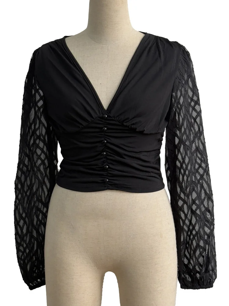 Primavera Verano moda linterna manga mujer blusa Oficina señora manga larga gasa camisas de mujer elegante ajustado cuello en V mujer Tops
