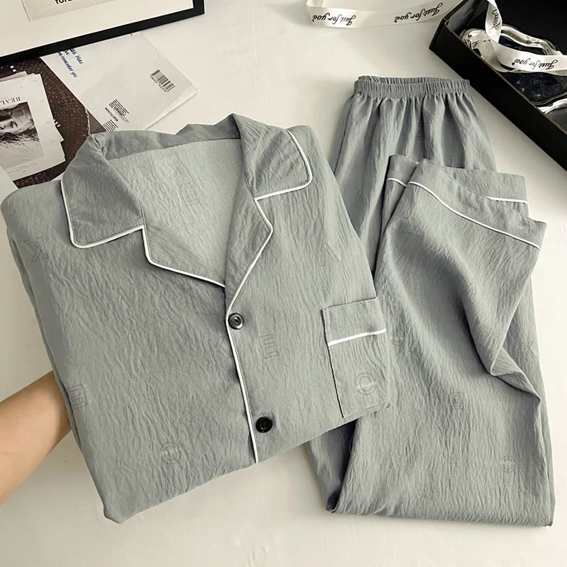 High-Fashion Minimalist Vintage Men's Youthful Cloud-Print Cotton Oversized Pyjamas Long-Sleeved Top and Trousers Two-Piece Set