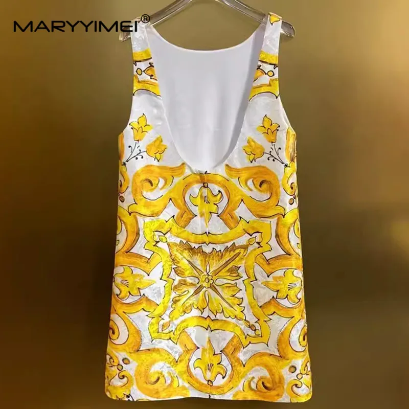 MARYYIMEI Summer Women\'s Dress Round neck Sleeveless Vintage Baroque Print Jacquard Silk Short Dresses