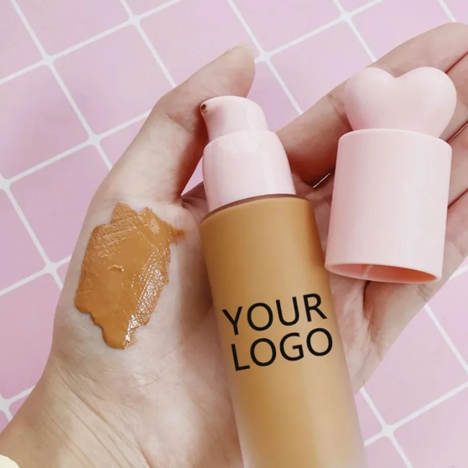 Fond de teint liquide en forme de cœur rose végétalien, Logo personnalisé de marque privée, correcteur hydratant, conception de presse, primaire de maquillage en gros, 30ml