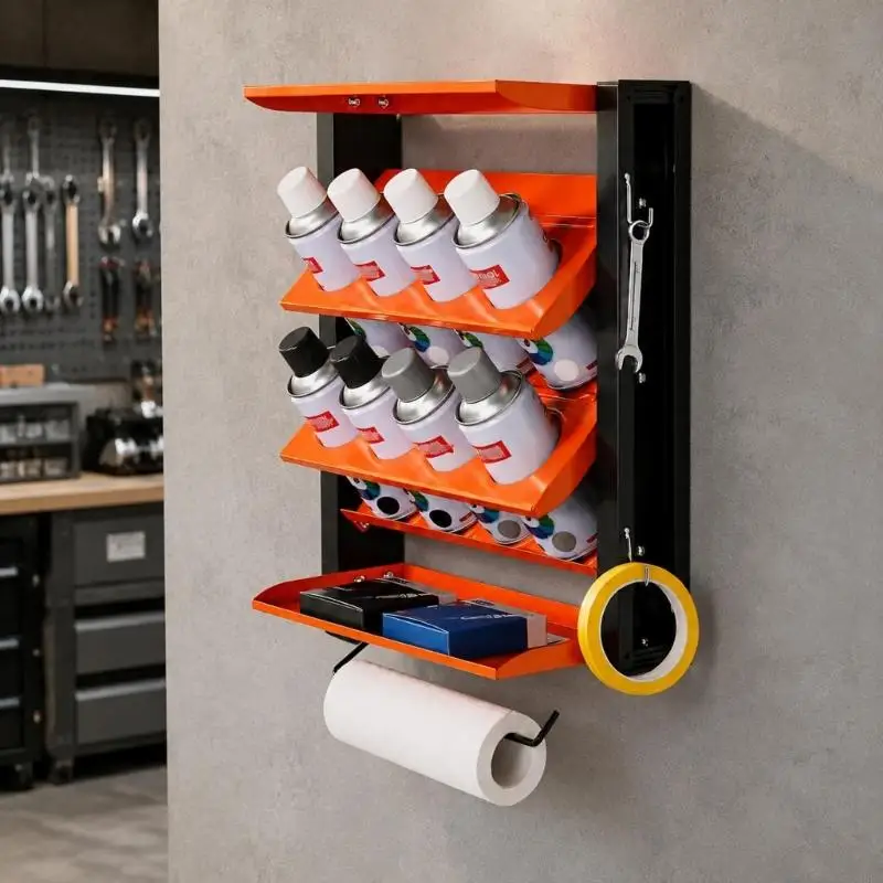 D5BE Workshop Sprays Can Storage Rack, Fixed Wall Mount Metal System with Tiered Sloped Shelves for Small Supply Storage Areas