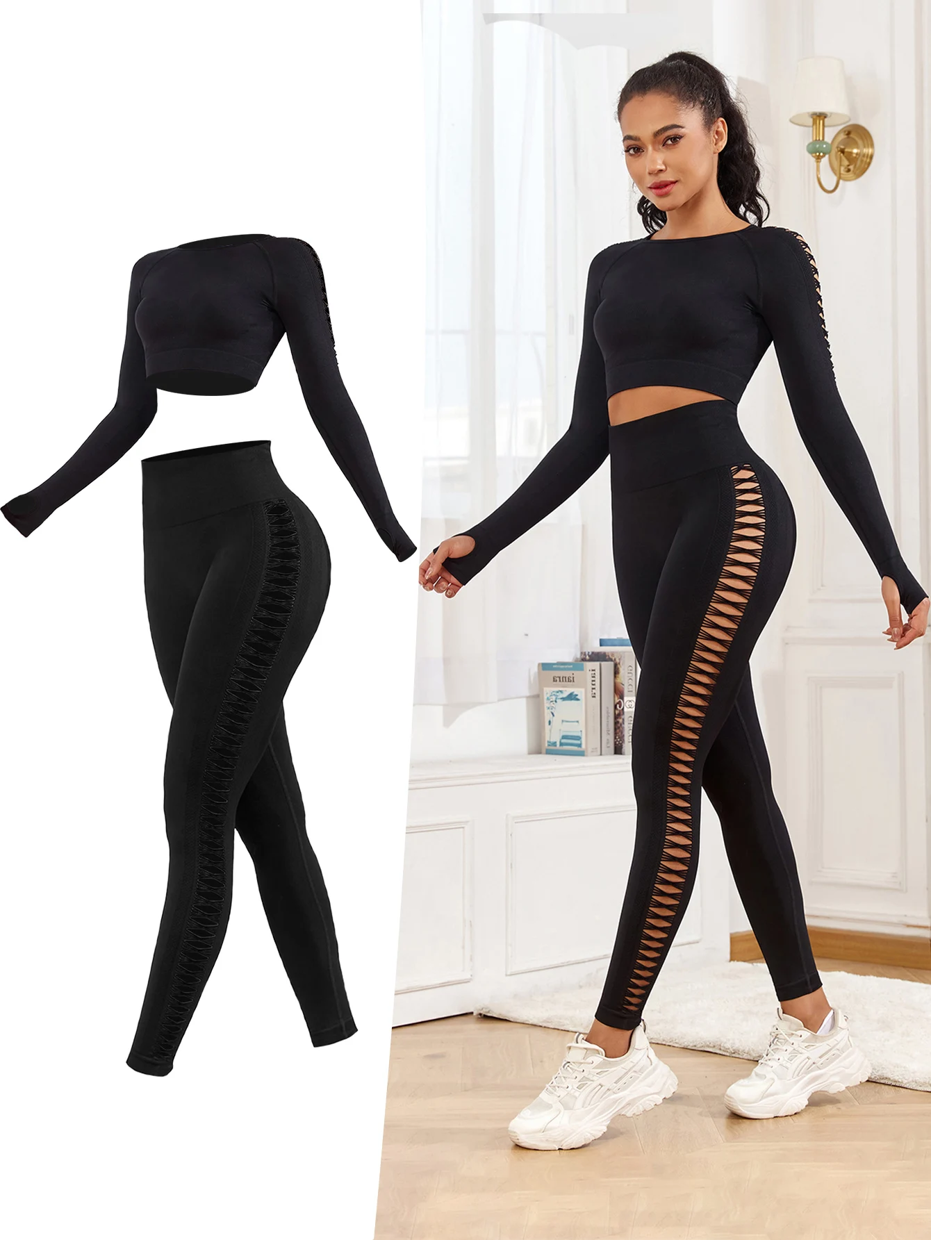 

2Pcs Yoga Suit Women's sportswear Workout Long Sleeve with Thumb hole Side hollowing Yoga Pants and Tops Fashion Sport Clothing