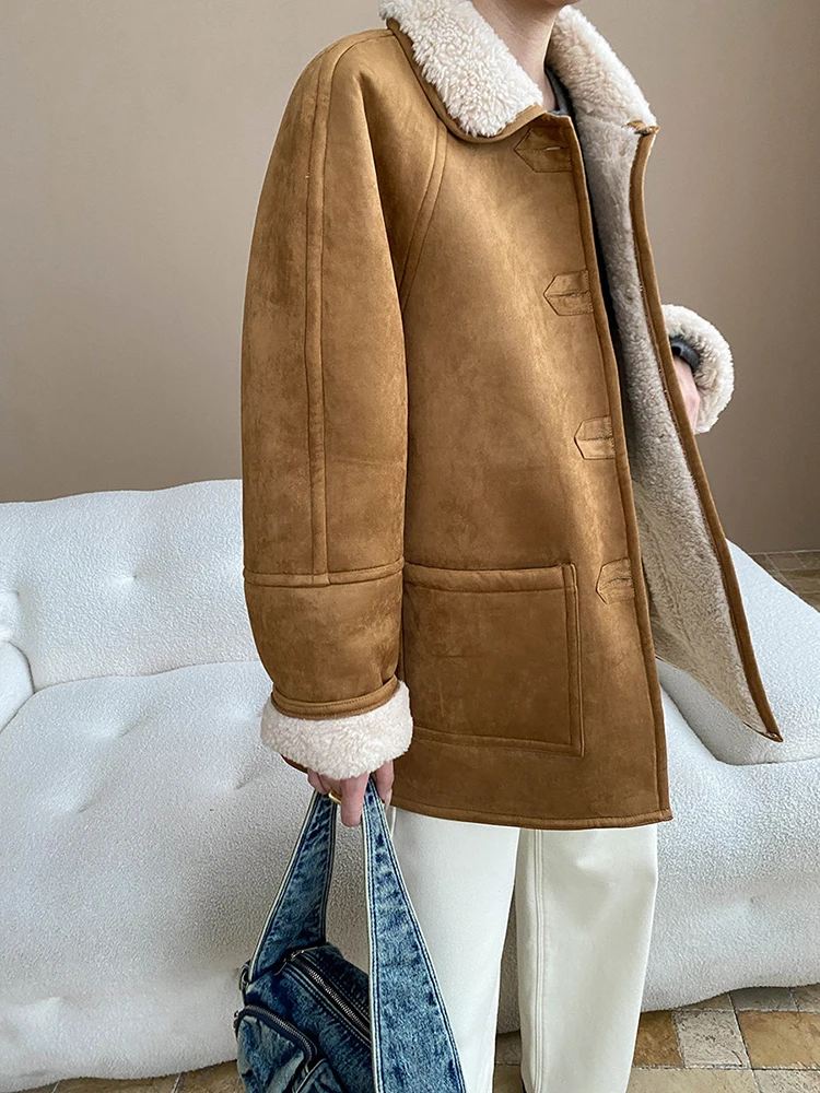 FANAN Elegante namaakbont warme jassen voor vrouwen revers enkele rij knopen kantoor dame dikke uitloper buiten cloehes 2025, winter nieuw