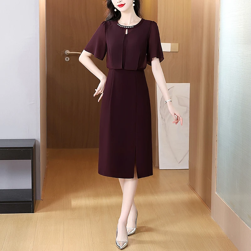 Summer New 2026 Women's Slim Fit Short Sleeve Dress Lightweight Fake Two-Piece Midi Length Cover Belly Slit Skirt City Commute