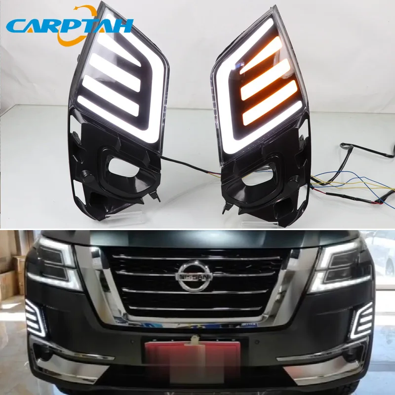 Car LED DRL 12V Daytimes Running Lights For Nissan Patrol 2020 2021 Yellow Turn Signal Night Blue Running Lamps Car Foglamps