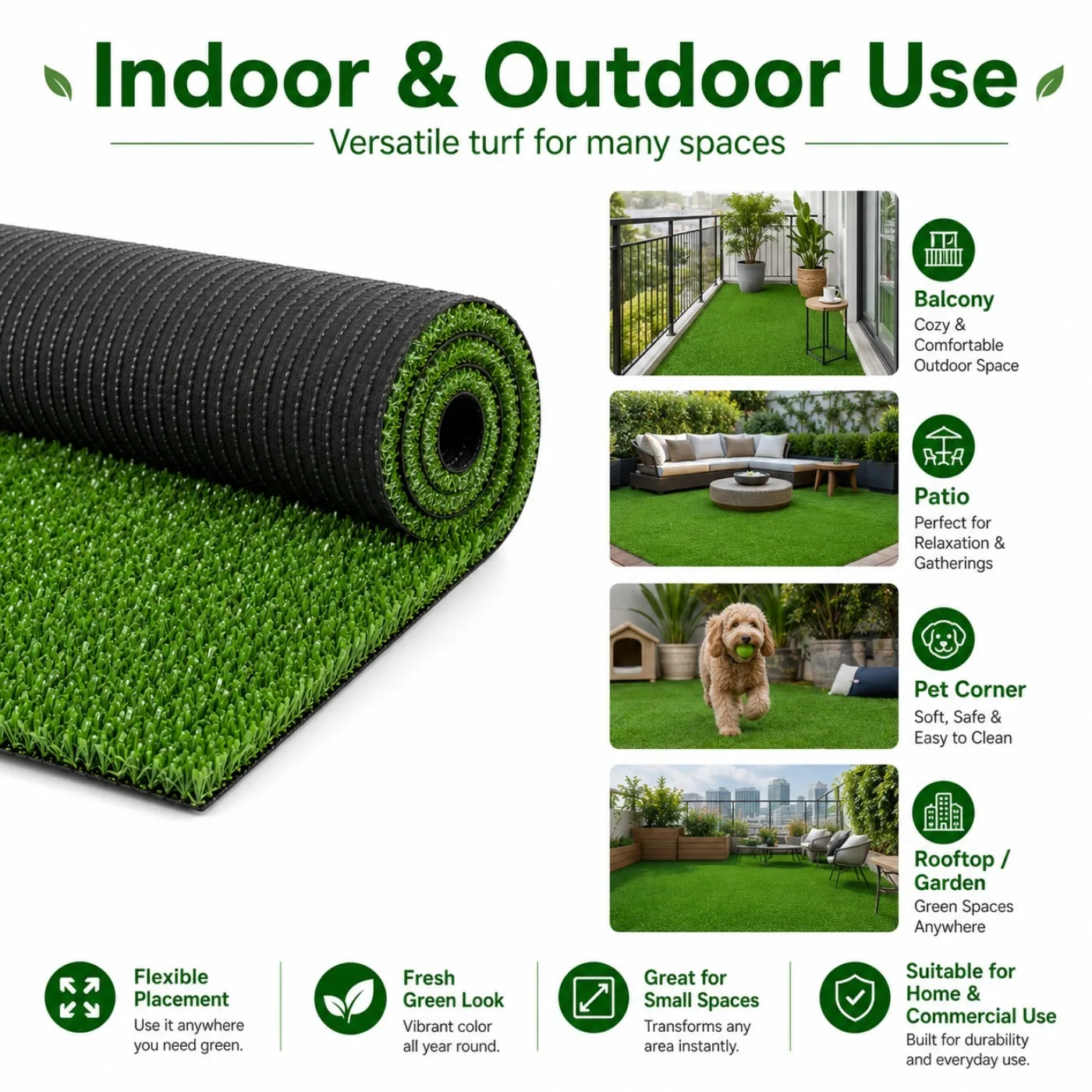 6FT X 10/15/20/25FT Artificial Grass Turf Mat, 0.4 Inch Pile Height, Heavy Duty Synthetic Lawn Rug, Indoor Outdoor for Patio, Balcony, Backyard, Garden, Garage, Pet Area & Chicken Coop