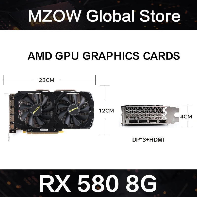 MZOW Radeon RX 580 8G AMD video Card 2048SP Gaming Graphics Cards GDDR5 256Bit PCI Express 3.0 ×16 GPU RX 580 placa de video