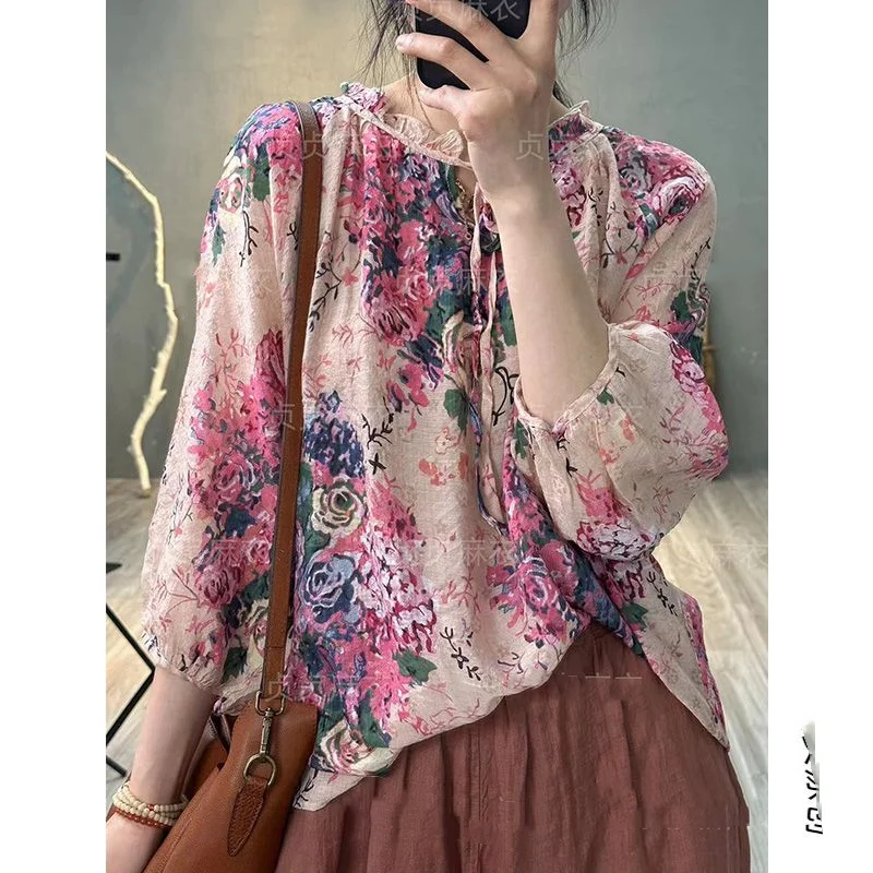 

Minimalist Commuter 2024 New Summer Spliced Ruffled Neck Tie Up with Printed Elegant Loose Three Quarter Women's Chiffon Tops