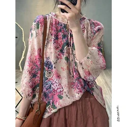 Minimalist Commuter 2024 New Summer Spliced Ruffled Neck Tie Up with Printed Elegant Loose Three Quarter Women's Chiffon Tops