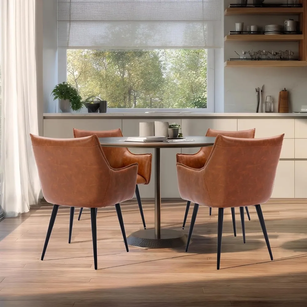 Brown PU Leather Chair, Upholstered Dining Room Chairs with Arms Set of 4 Mid Century Modern Kitchen Chair with Black Metal Legs