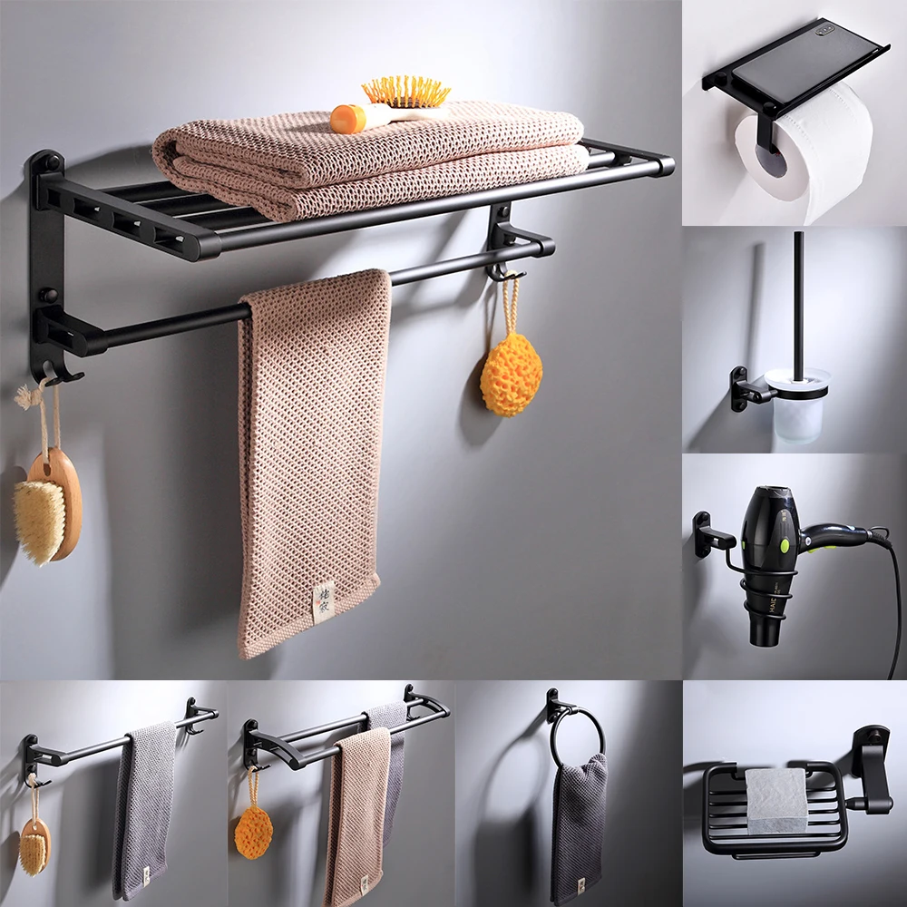 9PCs Bathroom Wall Mount Pendant Set Toilet Hardware Pendant Towel Rack Combination Hanger Hook Paper/Brush Holder Shelf