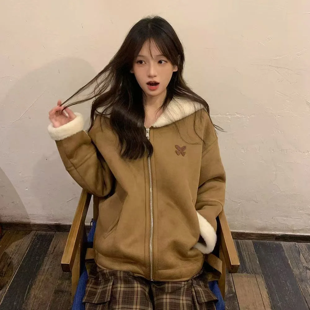 

Fleece Collar Khaki Suede Jacket Women 2025 Autumn Winter Thick Warm Zipper Short Jacket Korean Y2K Faux Leather Coat Outerwears