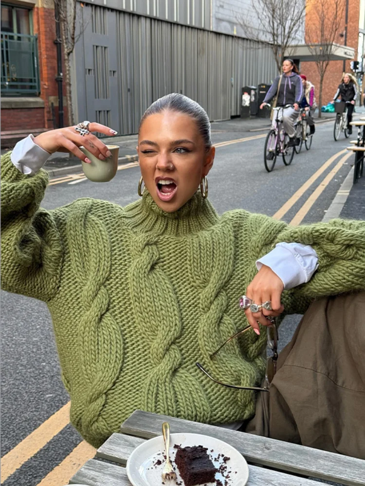 

Модный однотонный женский свитер с высоким воротником, весна-осень, новый женский вязаный пуловер, элегантный свободный женский вязаный топ с длинными рукавами