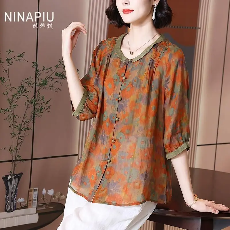 Ramie top for women 2025 summer new style centre-sleeved retro style loose and slim versatile cardigan T-shirt