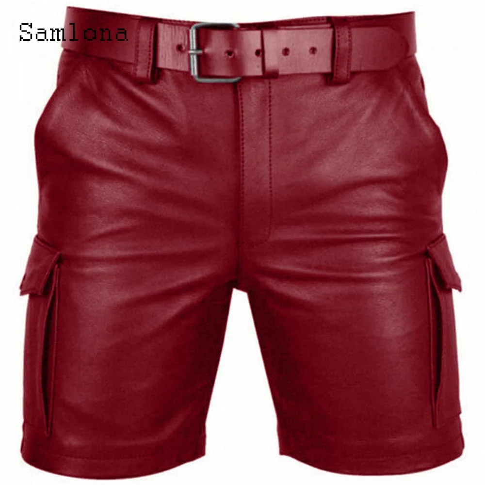 2025 Men's Stand Pocket Faux Leather Shorts Red Black Pu Dance Club Shorts Male Half Pants Sexy Mens Clothing Plus Size S-5XL