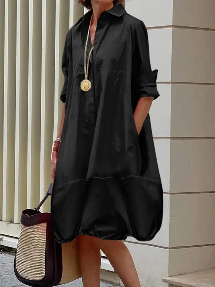 Yeezzi Women\'s Lapel Shirts Dress 2025 New Spring Summer Long Sleeves Loose Solid Color Casual Going Out Office Midi Dresses
