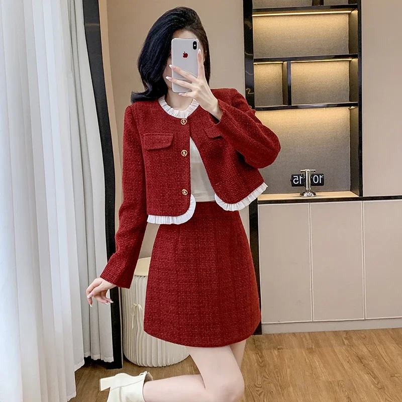 

Luxury Fashion Set Women's 2024 Autumn Winter New Petite Elegant Sophisticated Skirt Two-piece Set Female Office Lady Clothing
