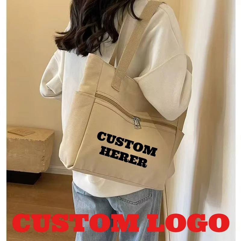 Custom Printed Logo New Large Capacity Multifunctional Canvas Shopping Bag Simple Solid Color Single Shoulder Handbag for Women