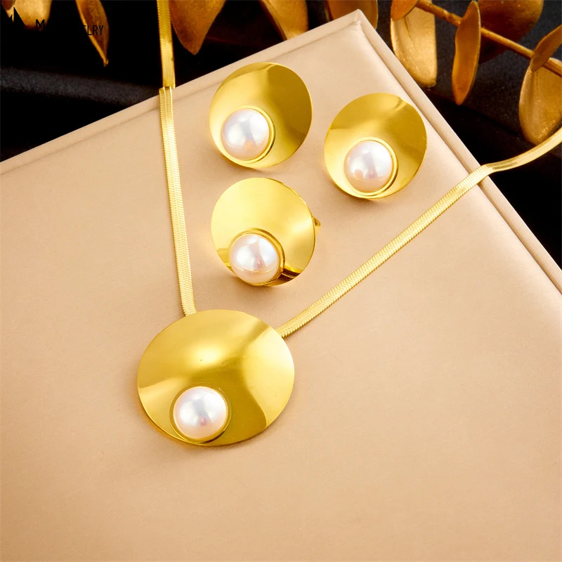

Fashion High-End Round Pearl Accessories Stainless Steel Rings Earrings Necklace Jewelry Set ﻿