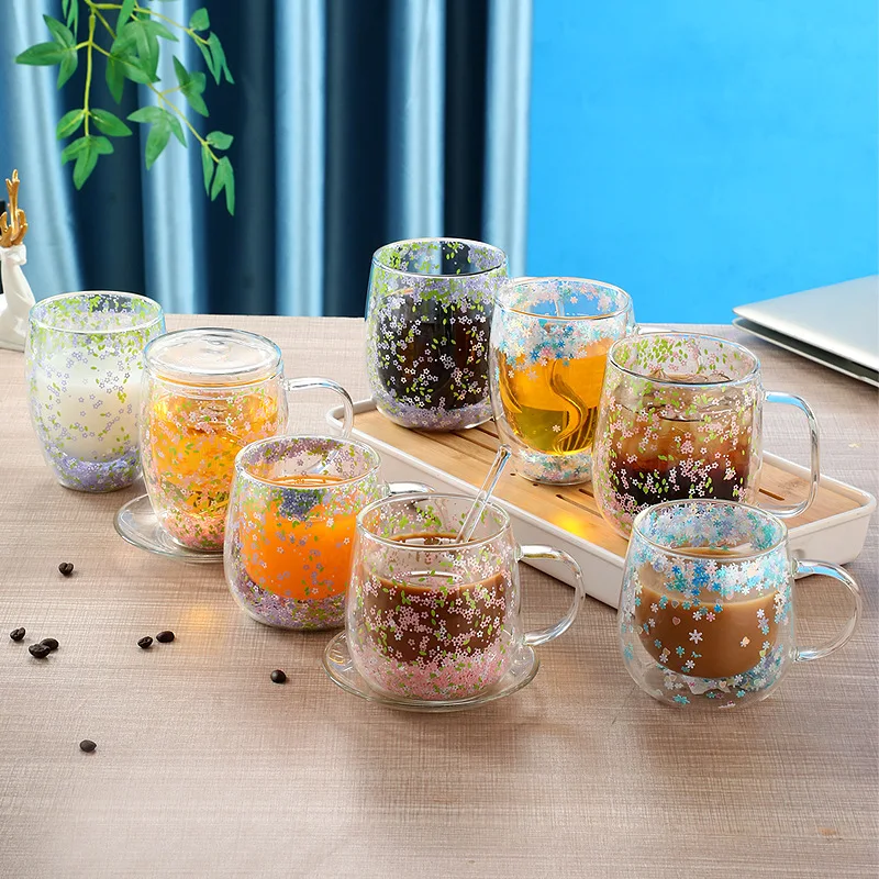 Double Wall Glass Cup with Pink Purple Blue Floral Glitters Lovely Heat Insulation Coffee Milk Shake Juice Glass Tumbler 1 Piece