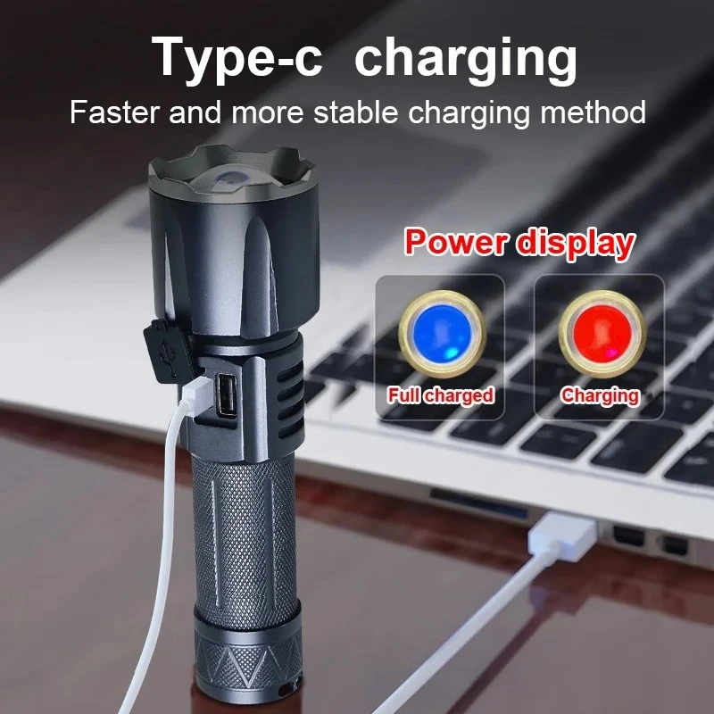 Super Bright LED White Laser Flashlight Long Range Zoomable Torch USB Rechargeable Outdoor Work Light for Outdoor Camping