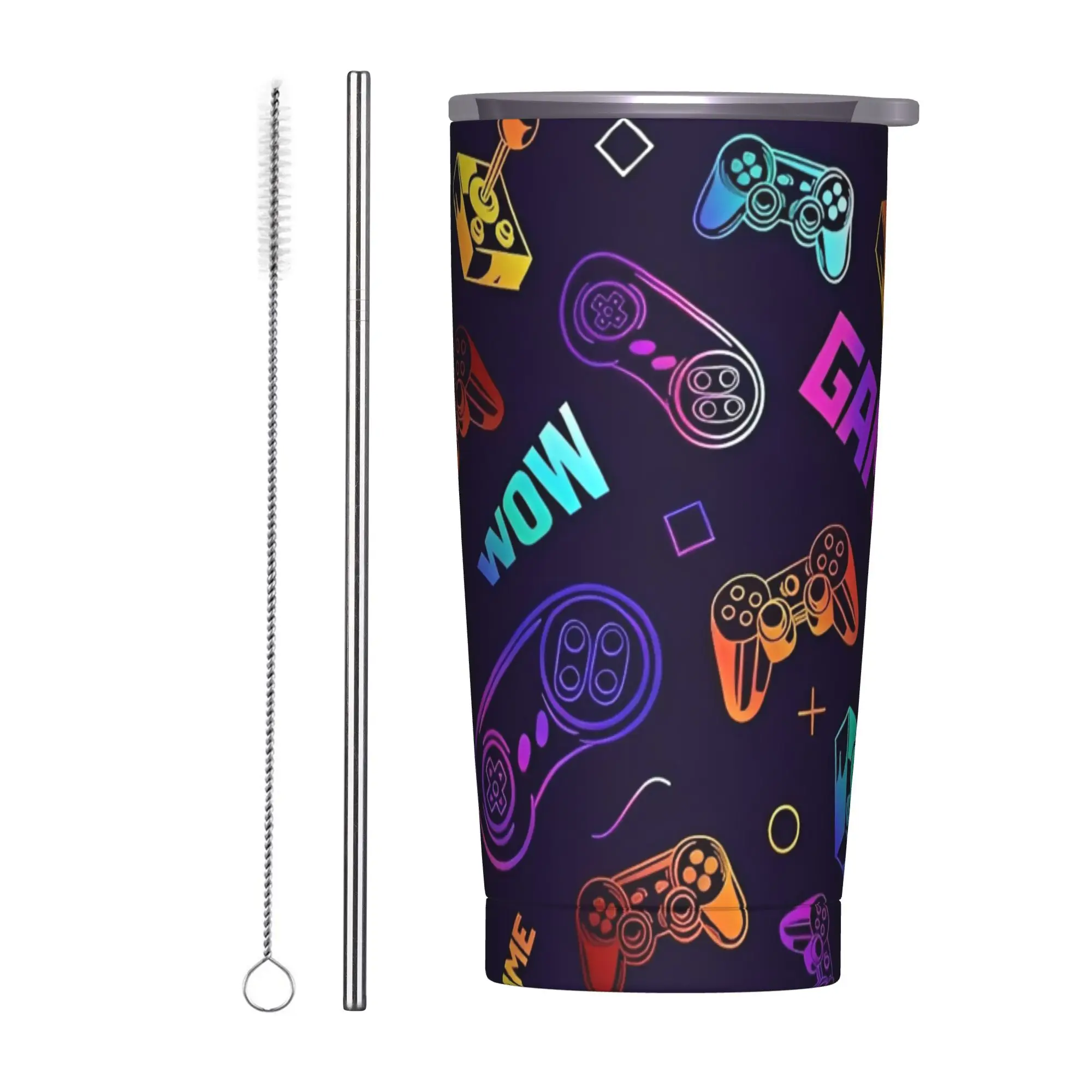 Vaso Térmico con Tapa y Pajita para Videojuegos, Taza de Café de Acero Inoxidable, Botella para Oficina y Hogar, 20oz