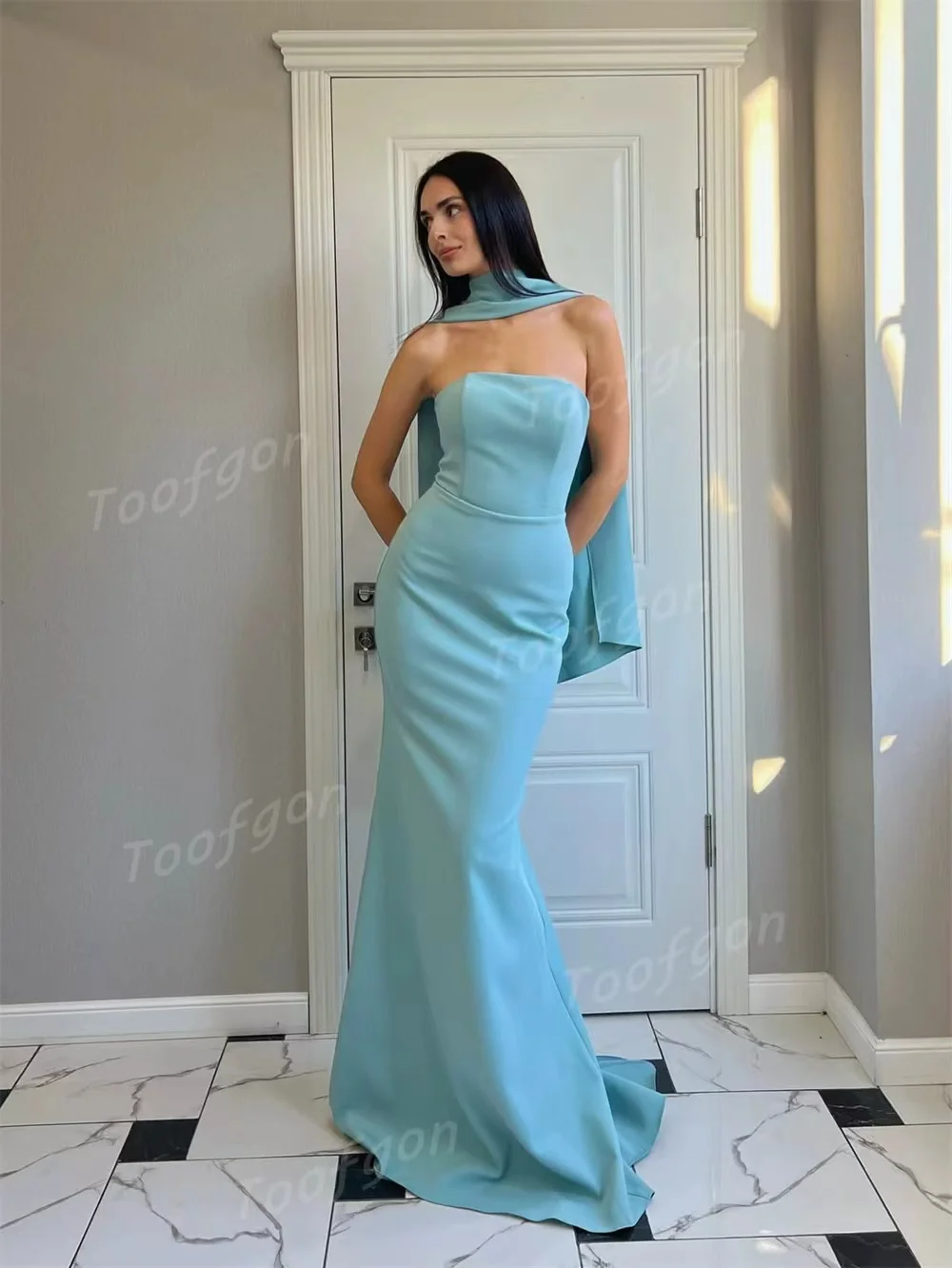 Toofgon céu azul cetim vestidos de noite sereia fitas vestidos de gala sem alças vestidos de ocasião sob medida personalizados