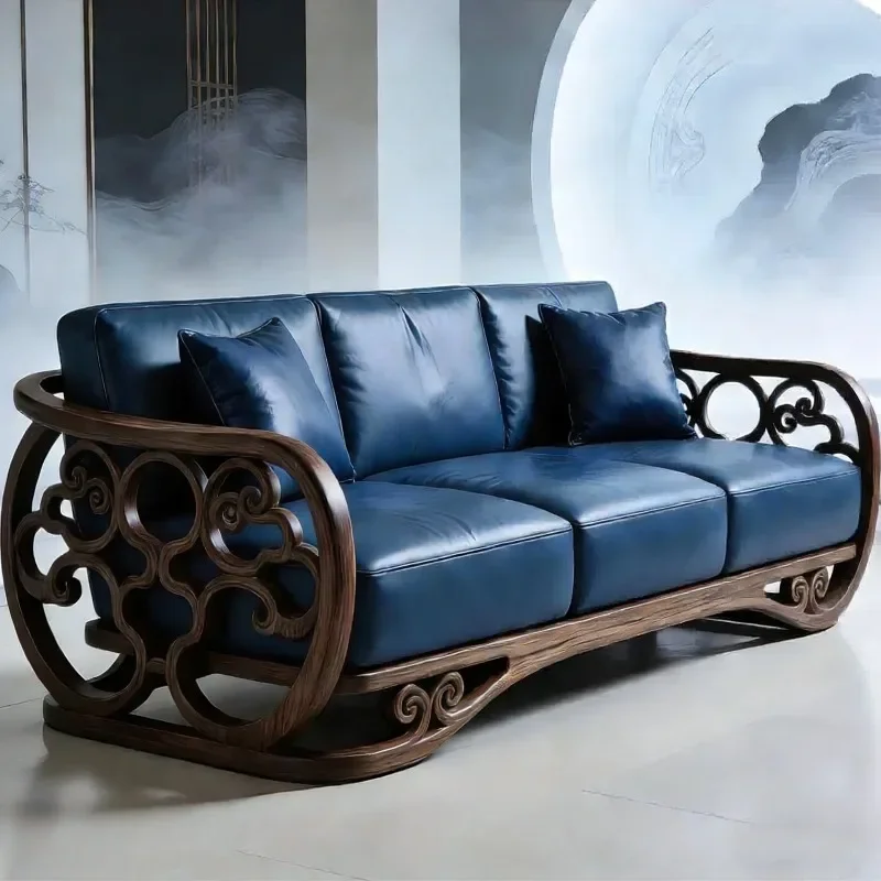 Design New Chinese Style Solid Wood Living Room Sofas Blue 2 Seater Classic Luxury Couch High-end Double Furniture Accessories