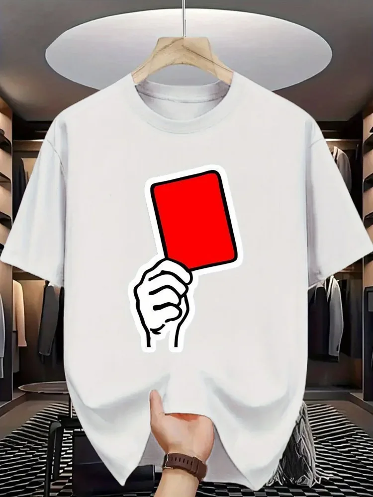 Male Round Neck Tshirt Hand Flash Red Football Referee Card Print Lightweight Cotton Loose Short Sleeve Street Daily Top Wear