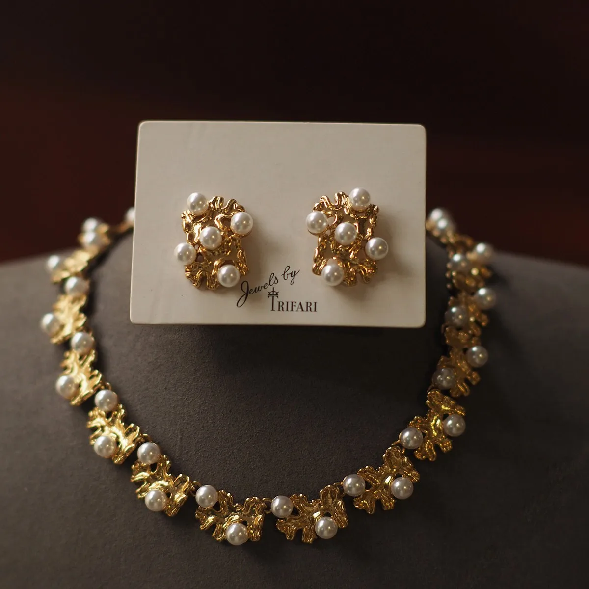 Rococo Court Style 18k Gold Filled Mini Pearl Vine Dahlia Anti-rust Jewelry Set Designer Statement Leaf Ear Stud/Choker Necklace