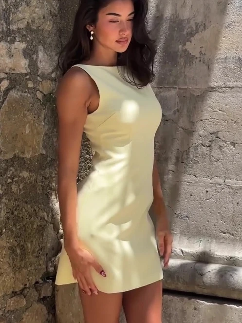 Wilirl Faionable Ins Sle Personali ort Svel round Ne Bodycon Dr Summer New Pure Color High Waist ort D...