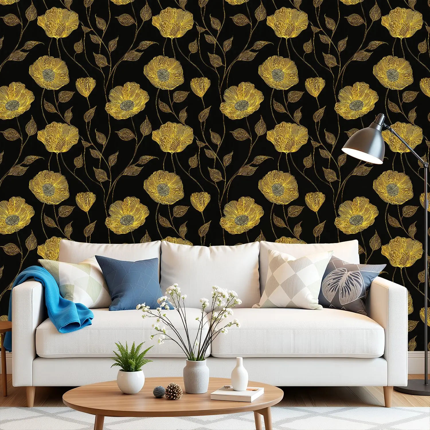 Geel Bloemen Lijntekeningen Zwart Behang 22.83 "X 118" Waterdicht Behang voor Woonkamer/Slaapkamer/Badkamer PVC Muursticker